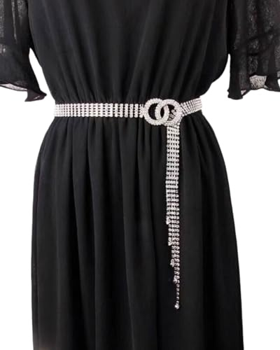 KGDUYC 1 Stück Strass Taillengürtel für Damen- Kristall Taillenkettengürtel, verstellbarer Diamant O Ring Bundgürtel für Jeanskleider(Silber)