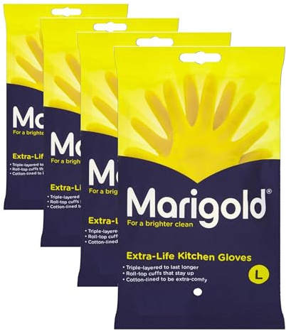 Marigold Unisex El Gloves-large-1 Pair Extra Life Kitchen Gloves Large, Yellow, L (Pack of 4) (Packaging may vary)