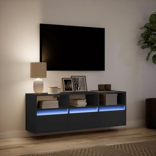Canditree Meuble TV Suspendu avec Lumière LED, 130 cm Mural avec Rangement, Flottant avec 3 Tiroirs (Noir)