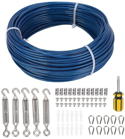 100ft Plastic Coated Steel Wire Rope Turnbuckle Tensioner Kit 3mm Wire Trellis Kit for Outdoor Clothesline Plant Fence Line