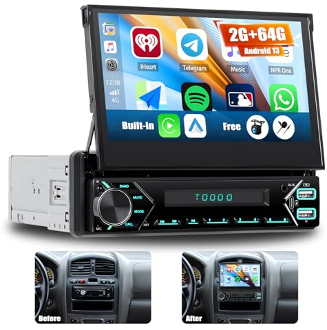 OiLiehu 2+64G Android 13 Autoradio 1Din mit Wireless CarPlay Android Auto, 7 IPS Manuell Einziehbarer Bildschirm mit GPS WiFi Bluetooth Mirror Link FM RDS SWC AUX USB/Type-C EQ + Rückfahrkamera