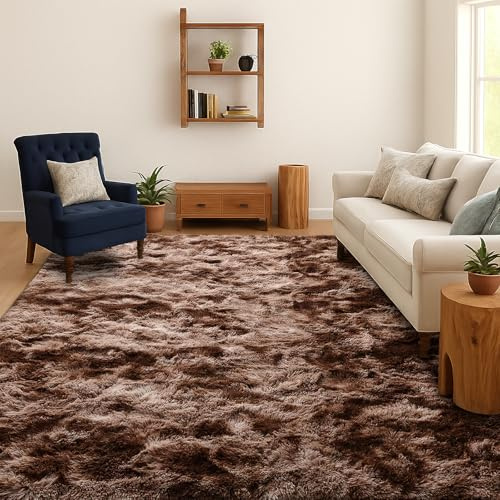 SOANNY Grand Tapis Shaggy Long Poil Tie-Dye, Lavable & Antidérapant, Doux et Moelleux, Salon, Chambre, Enfant, 200x300 cm, Marron