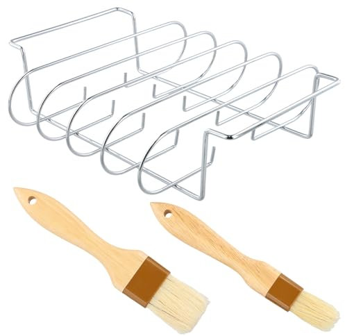 Kaslaider Supporto Bistecche e Costine in Acciaio Inox, Supporto per Arrosto Bistecca, Cestello per BBQ Rib Rack, Spareribs Halter Grill, Telaio Griglia Barbecue 2 in 1 con 2 Pennello