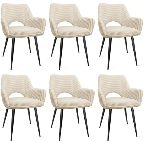 WAFTING Esszimmerstühle 6er Set, Armlehnstuhl mit Metallbeine, beige | Cord Stoff, Hohe Rückenlehne,Samt Stuhl,Küchenstühle,Wohnzimmerstuhl,Polsterstuhl,Restaurant,Schlafzimmer,Konferenzraum,Hotel