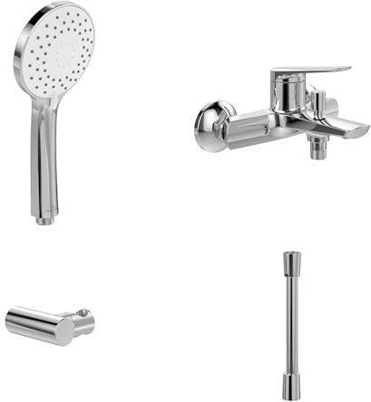 Villeroy & Boch Oasis Badewannenarmaturen-Set Aufputz (4 in 1) – Chrom | Set bestehend aus Wannenarmatur, Handbrause, Handbrauseschlauch, Handbrausehalter