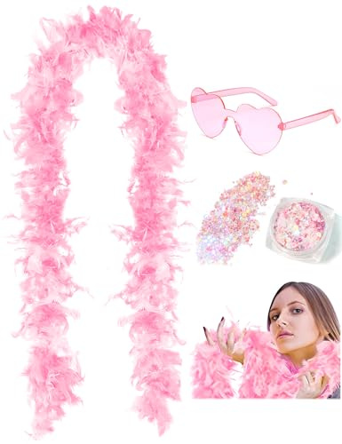 DAJOOEE 45g 2 Yard Federboa mit Glitzer und Herz-Sonnenbrille für Frauen und Teenager-Mädchen Junggesellinnenabschied Party Halloween Kostüm (Rosa)