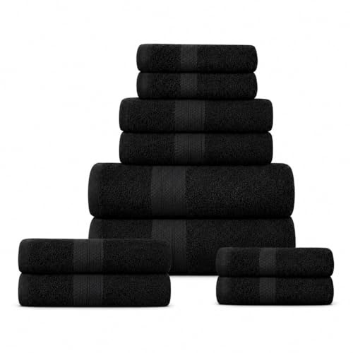 DreamNights 8 Piece Towel Bale Set, Quick Dry Highly Absorbent Towel Sets Bathroom 4x Face 2x Hand 2x Bath Towels - Gym Towel, Hand Towels, Sports Towel (Black)