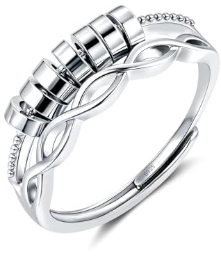 Estrellique 925 Sterling Silver Anti-Stress-ring, Unisex Decompression Rings with Bead, Silver 925 Anxiety Rings, Spinner Fidget Ring with Cubic Zircon, Open Adjustable Anxiety Ring for Anxious People