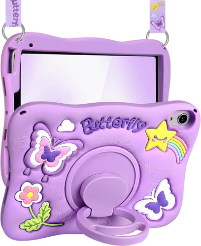 SurgeCraft for iPad Mini 6 Case, for iPad Mini 7 Case - Girls Cute Girly Kawaii 3D Purple Butterfly Unique Design Soft Silicone Cover with Rotating Stand & Strap for Apple Mini 6th/7th Covers 8.3 Inch