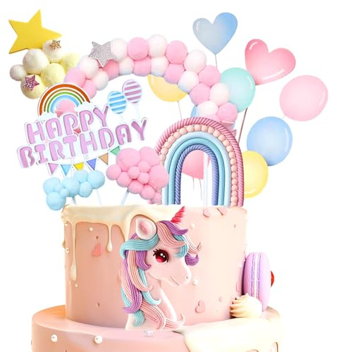2025 Neu Einhorn Tortendeko Geburtstag, 16 StückEinhorn Cake Topper Set, Tortendeko Einhorn, Regenbogen Einhorn Happy Birthday Tortendeko, Einhorn Deko Kindergeburtstag, Kuchen Deko für Kinder Mädchen