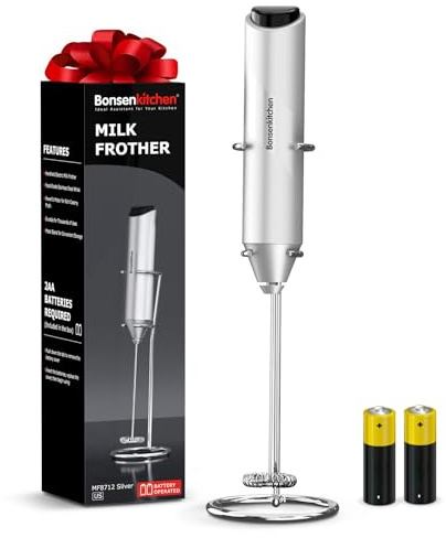 Bonsenkitchen Milk Frother Hanheld with Stand, Electric Coffee Frother, Portable Hand Frother Wand Drink Mixer for Matcha Lattes Cappuccino, Kitchen Gifts (Battery Included)