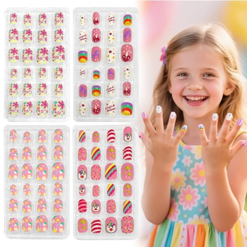 96 Pezzi Unghie Finte per Bambini, Colorate Premere Pre-incollato Unghie Finte Acriliche, Unghies Fintes Regalo per Bambini Ragazze Adolescenti Manicure Decorazione Nail Art