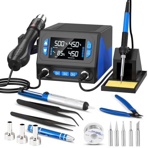 Lötstation,2-in-1 Heißluftlötstation Set 750W,Profi Lötkolben Einstellbare Temperatur 100~500°C mit LCD Displayanzeige,5 Lötspitzen, °C/°F Umrechnung,Standby Funktion,Lötstation für Profi-, Hobbylöten