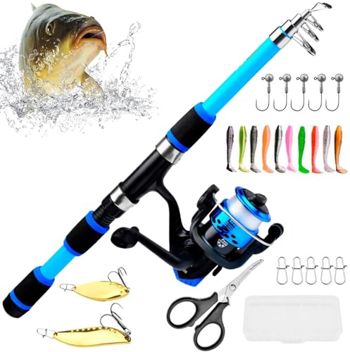 Krmoau Caña de pescar para niños - Juego de pesca para niños con carrete y caña | Juego con juguete de pesca para niñas y niños pequeños para uso en la piscina, en el lago durante actividades