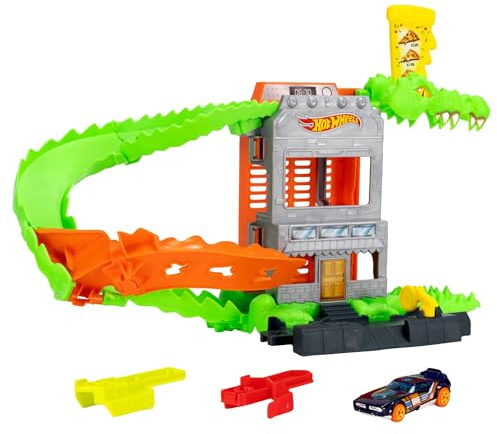 Hot Wheels Croc Pizza Attack Playset y Coche de Juguete 1:64 | Lanza coches por la pista para vencer al cocodrilo y evitar que te atrape, JHL93