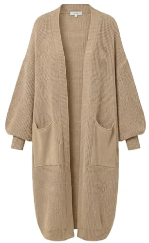 FAIRY TRENDZ Women's Long Balloon Sleeve Cardigan - Chunky Knitted Open Front Coatigan with Pockets - Warm Thick Oversized Coatigan Jumper for Ladies (UK, Alpha, One Size, Regular, Regular, Beige)