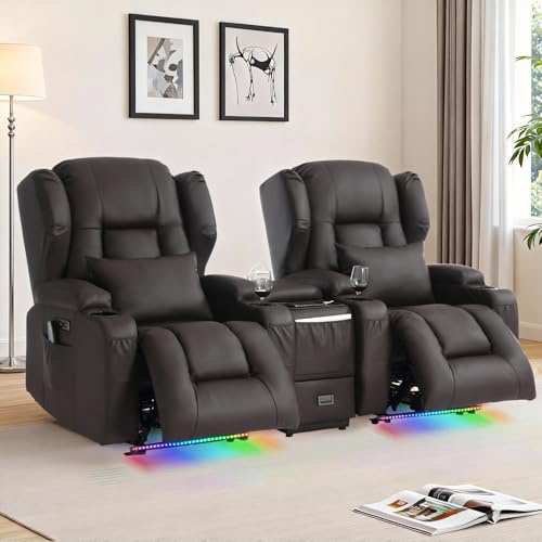 TCGBKAF Relaxsessel mit Console,Elektrisch Verstellbarer Fernsehsessel mit Liegefunktion,TV Sessel Kinosofa 2er mit Massage & Getränkehalter,2er Kinosessel-Set fürs Wohnzimmer (Braun,2 Sitzer+Console)