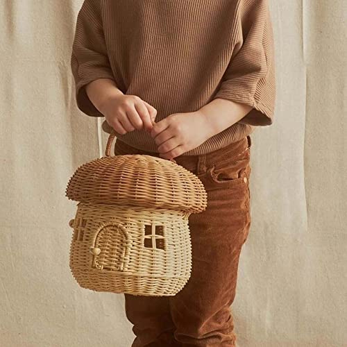 Cesto portaoggetti in rattan Cesto portafunghi di capacità Fungo decorativo intrecciato con coperchio e manico Portaoggetti in vimini intrecciato per organizer per scaffali, Décoration de jard