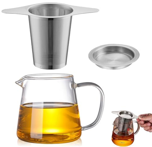 2 Piezas Tetera de Vidrio Redonda con Filtro para Té, 400ml Tetera de Cristal Infusor de Acero Inoxidable Resistente al Calor, Taza Infusiones con Tapa y Filtro, Apto para Té Suelto y Té de Flores