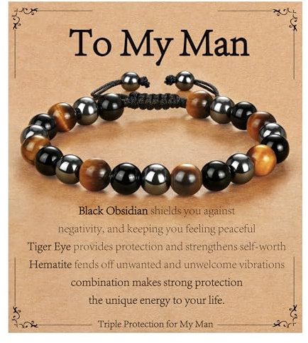 ESPVO Triple Protection Bracelet Gifts for Men, Mens 8mm Black Obsidian Hematite Tiger Eye Beaded Natural Stone Evil Eye Bracelet Jewelry Presents for Birthday Christmas