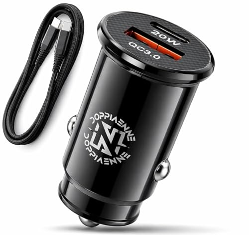 Caricatore Auto USB C PD 20W + QC3.0 – Caricabatterie Accendisigari con 2 Porte (USB-C + USB-A), Ricarica Rapida per iPhone Samsung Xiaomi, Cavo Incluso, Compatibile 12V/24V