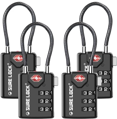 SURE LOCK TSA Approved Combination Luggage Locks with Open Alert Indicator – Durable Zinc Alloy Cable Travel Locks with Large Easy-Read Dials for Suitcases, Backpacks & Gym Bags Black 4 Pack