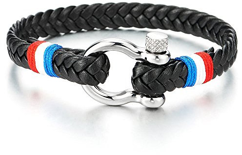 COOLSTEELANDBEYOND Bracelet Vis Manilles d'ancrage - Homme Femme Noir Tressé Cuir avec Rouge Blanc Bleu Cordon Coton - Nautique Marin