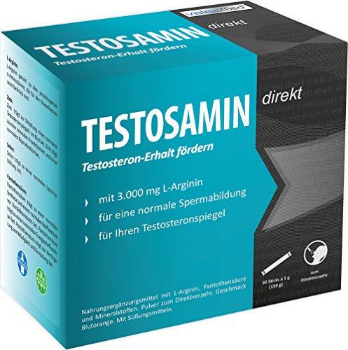 TESTOSAMIN direkt (30 Sticks) - 3.000 mg L-Arginin + Zink für den Testosteronspiegel und Selen für Haare und Spermienproduktion