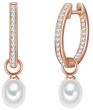 Valero Pearls Damen Ohrringe 925/- Sterling Silber roségold | rosévergoldet 14 Karat, Creolen, Zirkonia, weiß, Süßwasser-Zuchtperle, ca. 6,0 - 7,0 mm, weiß, tropfenförmig