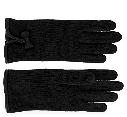 fiebig Walkhandschuhe mit Ledersaum und modischer Schleife| Fingerhandschuh aus gewalkter Wolle für Damen | Schurwollhandschuhe in vielen Farben (7,5-L, Schwarz)