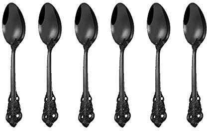 ZFQ Schwarzes Besteck-Set Barock, Antik Look, aus 18/10 Edelstahl Spiegelpolierte, ideal für Haus, Küche, Restaurant, Hochzeit, Partys, Nachmittagstee, Dessertlöffel 6-teiliges, Länge 18cm