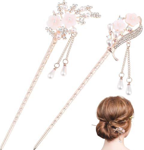 Lurrose 2 Stücke Haarstab Haarstäbchen Vintage Haar Stick Perlen Haarnadel Blumen Haarspange Metall Haarstock Haarschmuck für Damen und Mädchen Mit Langem Haar