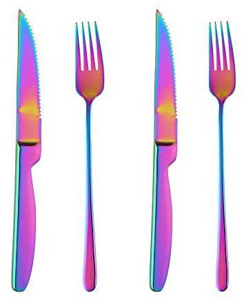 BISDARUN Rainbow Steak Knives and Forks Set - Serves 2, Stainless Steel Dinner Forks X2, Steak Knives X2, Dishwasher Safe