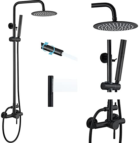 Midanya Ensemble de douche d'extérieur noir mat en acier inoxydable SUS 304 de 20,3 cm avec pommeau de douche à effet pluie de 20,3 cm avec cylindre 2 en 1, support mural, barre coulissante réglable,