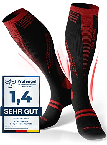 CORE GORIMO - Kompressionsstrümpfe Sport - Atmungsaktiv - Stützstrümpfe & Thrombosestrümpfe Herren und Damen für Sport, Flug und stehende Berufe (schwarz/rot, 43-46)