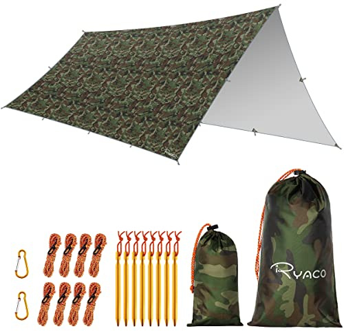 RYACO Bâche Anti-Pluie, Camping Bâche Rain Tarp Toile de Tente Imperméable Abri de Randonnée Pliable Portable Grande Taille avec Zippées et Poche en Filet pour Bouteille d'eau(Camouflage)