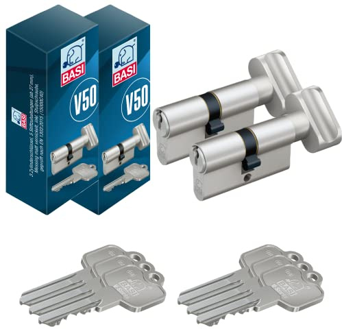 BASI | 2er SET V50 Profil-Knaufkurzzylinder K30/27 mm | Gleichschließend | Profilzylinder | Türzylinder Schließzylinder für Hauseingangstüren Wohneingangstüren | Zylinderschloss mit 3 Schlüsseln