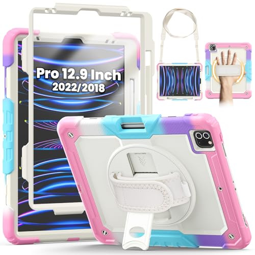 SEYMCY Kids Case for iPad Pro 12.9 Inch 2022/2021/ 2020/2018 | Full-body Shockproof with Screen Protector, 360° Rotating Stand & Hand Strap, Shoulder Strap, Pencil Holder, Pink