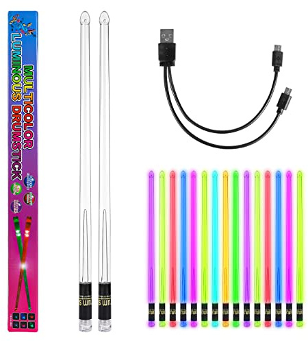 Un Par de Baquetas Batería LED, Polímero de PC, Baquetas de Batería Recargables que Cambian de Color Baquetas de Batería con Luz LED Fresca con Bolsa de Almacenamiento (15 Colores)