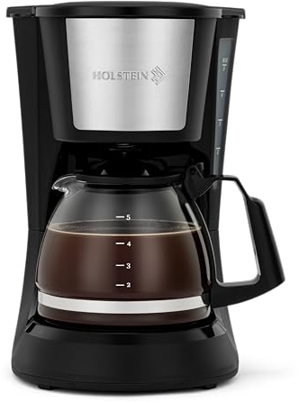 Holstein Housewares 5 Cup Drip Coffee Maker – Compact and User-Friendly with Auto Pause & Serve, Reusable Filter, Measuring Spoon & Glass Carafe, Office & Dorm Use, Black