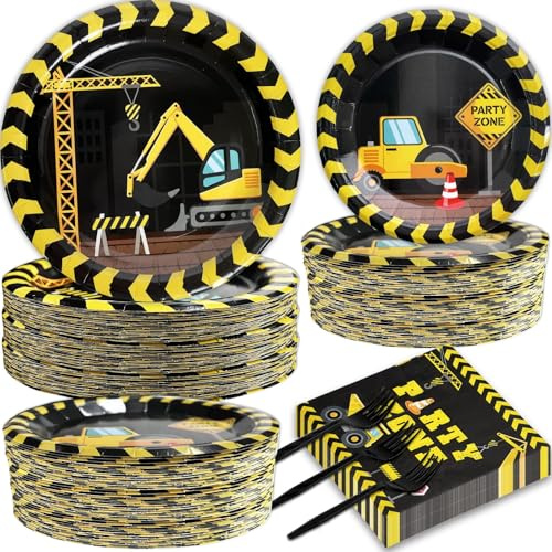Construction Party Plates and Napkins Serves 50, Construction Birthday Supplies 200 Pcs Tableware Set Dump Truck Party Table Decorations Supplies Paper Plates Napkins Forks