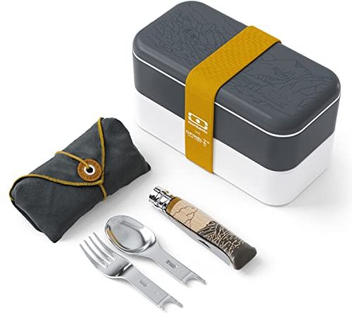 MONBENTO X OPINEL Outdoor Nomad Kit - Opinel Knife n°8 with Fork/Spoon Inserts and Bento Box MB Original with Compartments - BPA Free - Food Grade Safe Food Containers - Grey