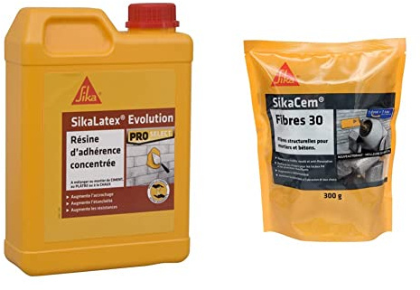 SikaLatex Evolution, Résine d'accrochage pour adhérence et étanchéité des mortiers, 2L, Blanc & em Fibres 30, Fibres structurelles 30mm pour mortiers et bétons, 300g, Gris