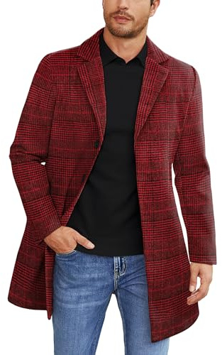 COOFANDY Mens Wool Blend Coat Winter Trench Coats Notched Lapel Collar Single Breasted Overcoat Classic Peacoat With Pockets, Red Plaid, L