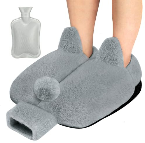 BEGKYA Foot Warmer Non Electric, Heated Slippers for Women and Men, 40x36cm Feet Warmers for Winter, 2L Hot Water Bottle Slippers Cushion Washable and Removable, Heated Foot Warmers Pad (Light Grey)