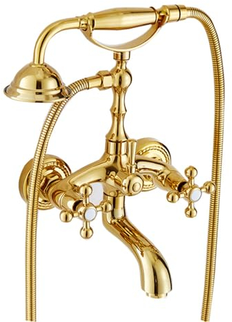 BiaoTeng Badewannenarmatur Retro Vintage Gold Doppelgriff Wandmontage Heiß oder kalt Badewannenarmatur Mit Handbrause Retro Wannenarmatur Set