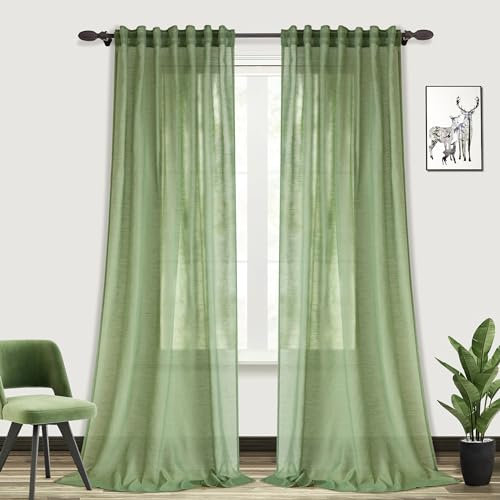PANGSINNE 120 Inches Extra Long Curtain Panels Back Tab Flax Linen Rustic Sage Green Semi Sheer Curtains for Bedroom Privacy Add, 10 FT Drapes for Large Windows Patio Sliding Door