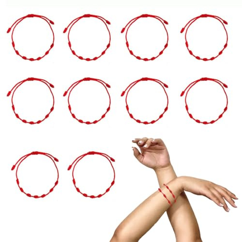10 Bracciali Coppia Filo Rosso del Destino, Braccialetti Hamsa, Distanza di Corrispondenza, Intrecciati Mano Stringa Braccialetto Rosso con 7 Nodi Portafortuna e Protezione Unisex regolabile Fortuna