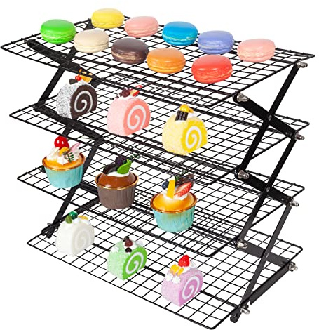 PowerKing Upgraded Collapsible 4-Tier Cooling Rack, Adjustable Stackable Non-Stick Wire Rack for Baking, Roasting, Drying, Cookies, Cakes, Muffins, Space-Saving, Gifts for Baking Enthusiasts