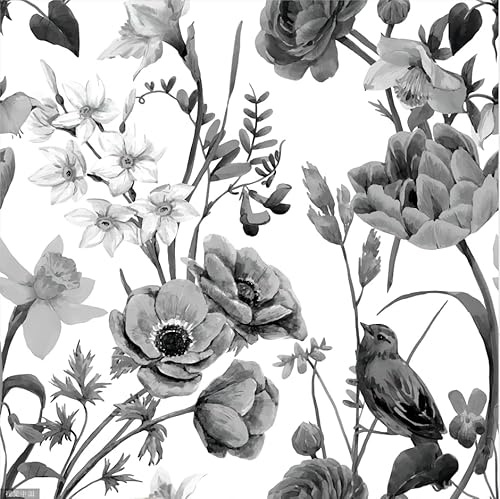 SOEWIOU Papier peint floral vintage, 600 x 44,5 cm d'épaisseur, papier peint à décoller et à coller, papier peint imperméable et décoratif floral noir gris pour maison, chambre à coucher, armoires et